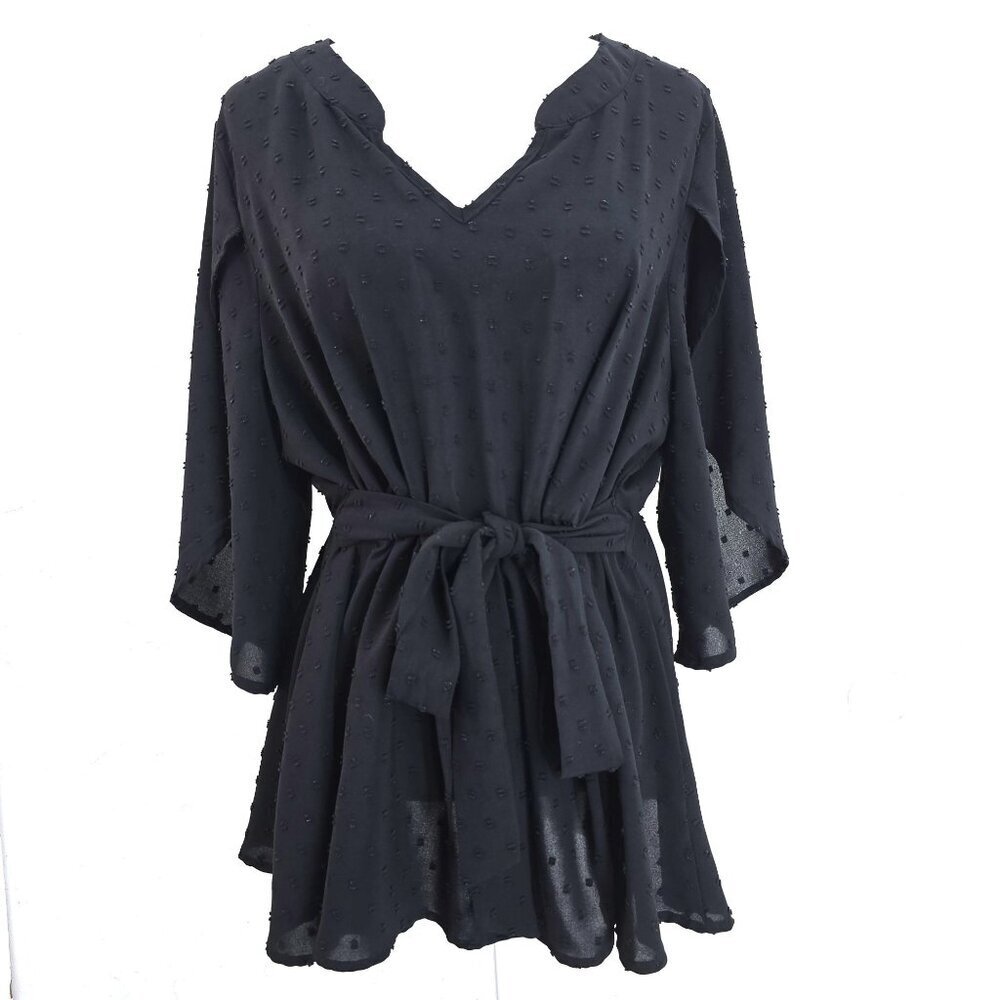 BloomChic Black Swiss Dot 3/4 Sleeve Faux Wrap Peplum Top Women's  14/16